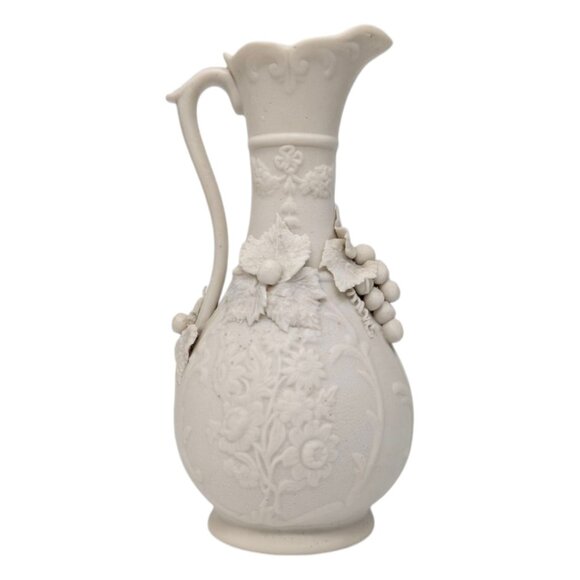 Vtg Embossed Relief Ewer Jug Cream Grape Vine Molded Parian Ware Porcelain 7" - Picture 2 of 10